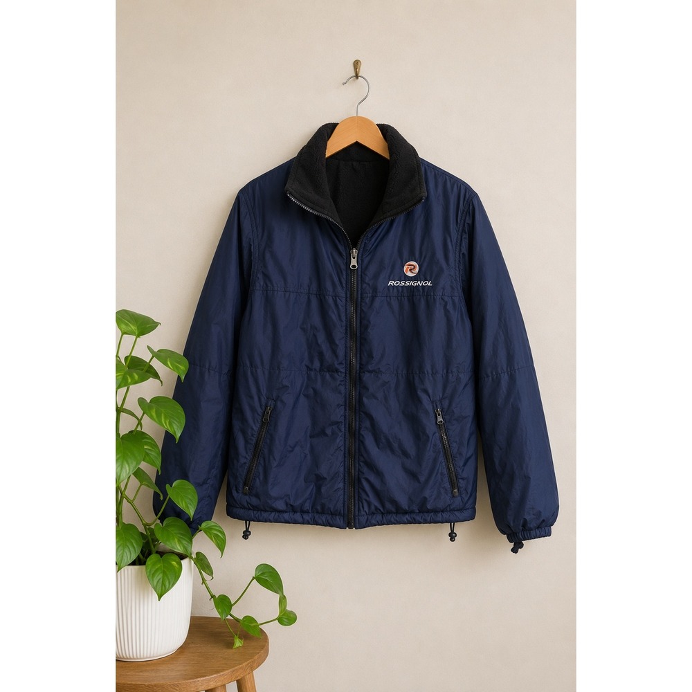 Rossignol Reversible Puffer Fleece Jacket Navy Blue Black Mens Medium